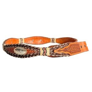 Double S Belt Collection Hand Tooled Leather Horsehair Concho Western Belt 34